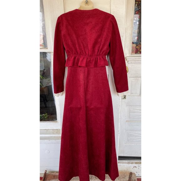 Vintage 1970s Burgundy red Maxi Dress with jacket Faux suede look - Picture 2 of 11